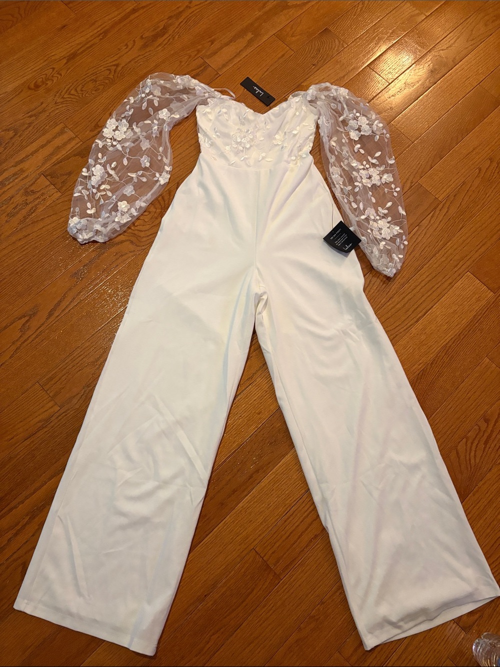 Lulu's White Wide-Leg Jumpsuit with Sheer Floral Balloon Sleeves